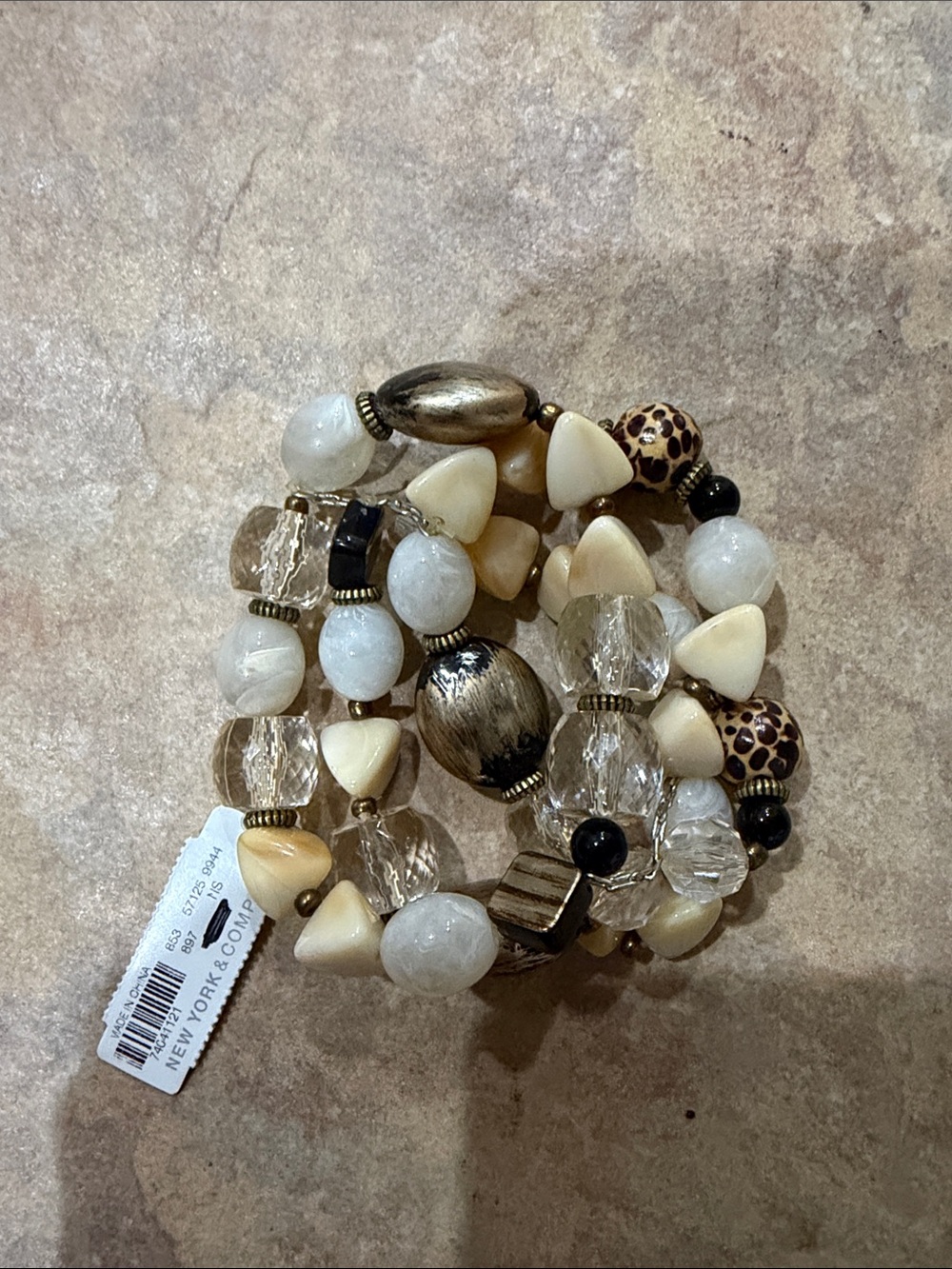 New York & Company Multi-Strand Beaded Bracelet in Cream, Brown & Clear